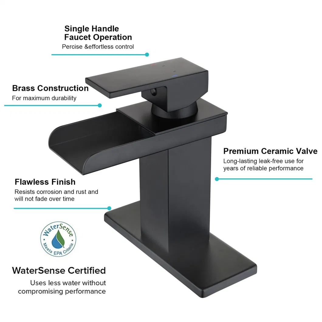 Aquacubic Waterfall Bathroom Basin Faucet Black Matt Sink Mixer Deck Mounted Single Lever Hot & Cold Tap Bathroom Fixture